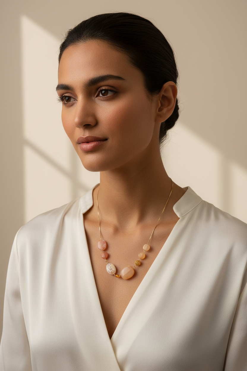 A bohemian-style beaded necklace featuring large and small polished agate stones in peach, orange, and cream colors, accented with gold-toned metal links and beads, displayed on a dark gray textured background.