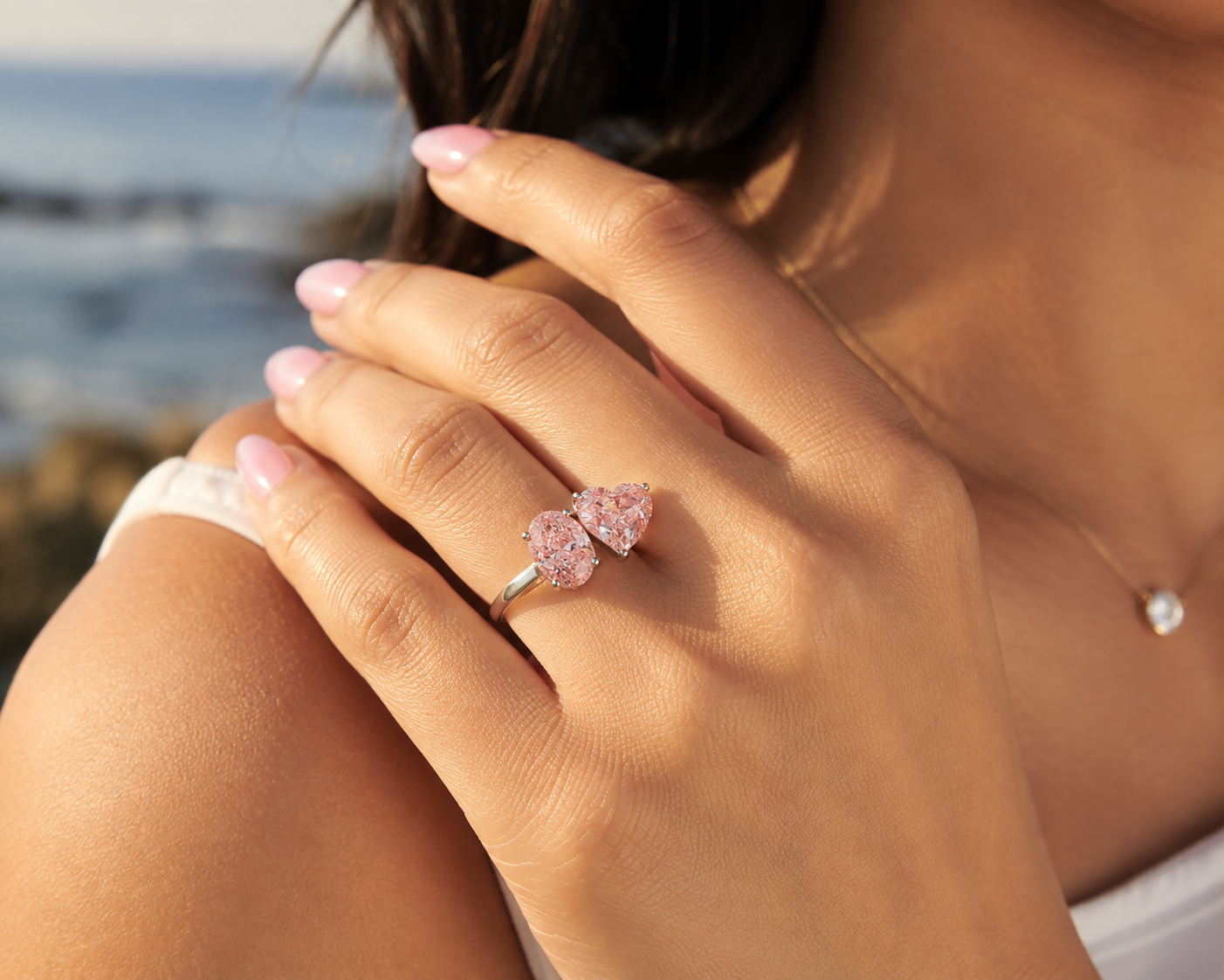 Toi et moi lab grown diamond two stone ring Pink Heart and Oval 3cttw