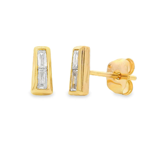 0.08 ctw lab-grown diamond baguette bar stud earrings in gold plated sterling silver, front and side view