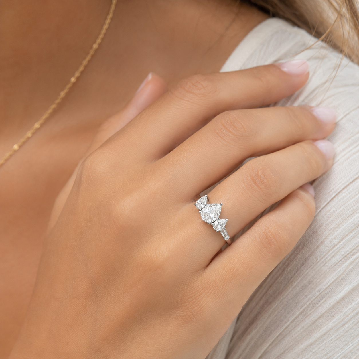 Pear Three Stone Lab Grown Diamond Engagement Ring 14kt