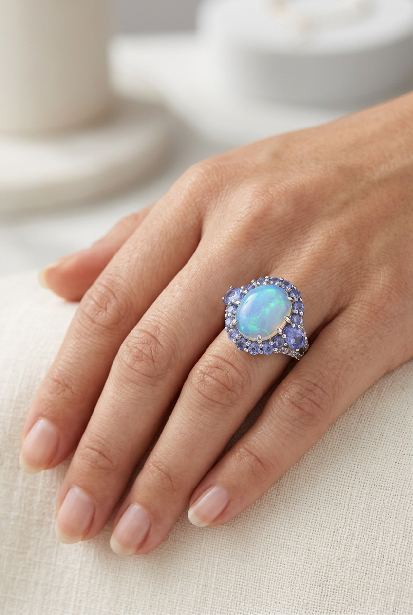Model wearing 12x10mm Ethiopian opal and tanzanite halo ring in sterling silver, top view of aqua-blue oval opal surrounded by violet-blue tanzanites
