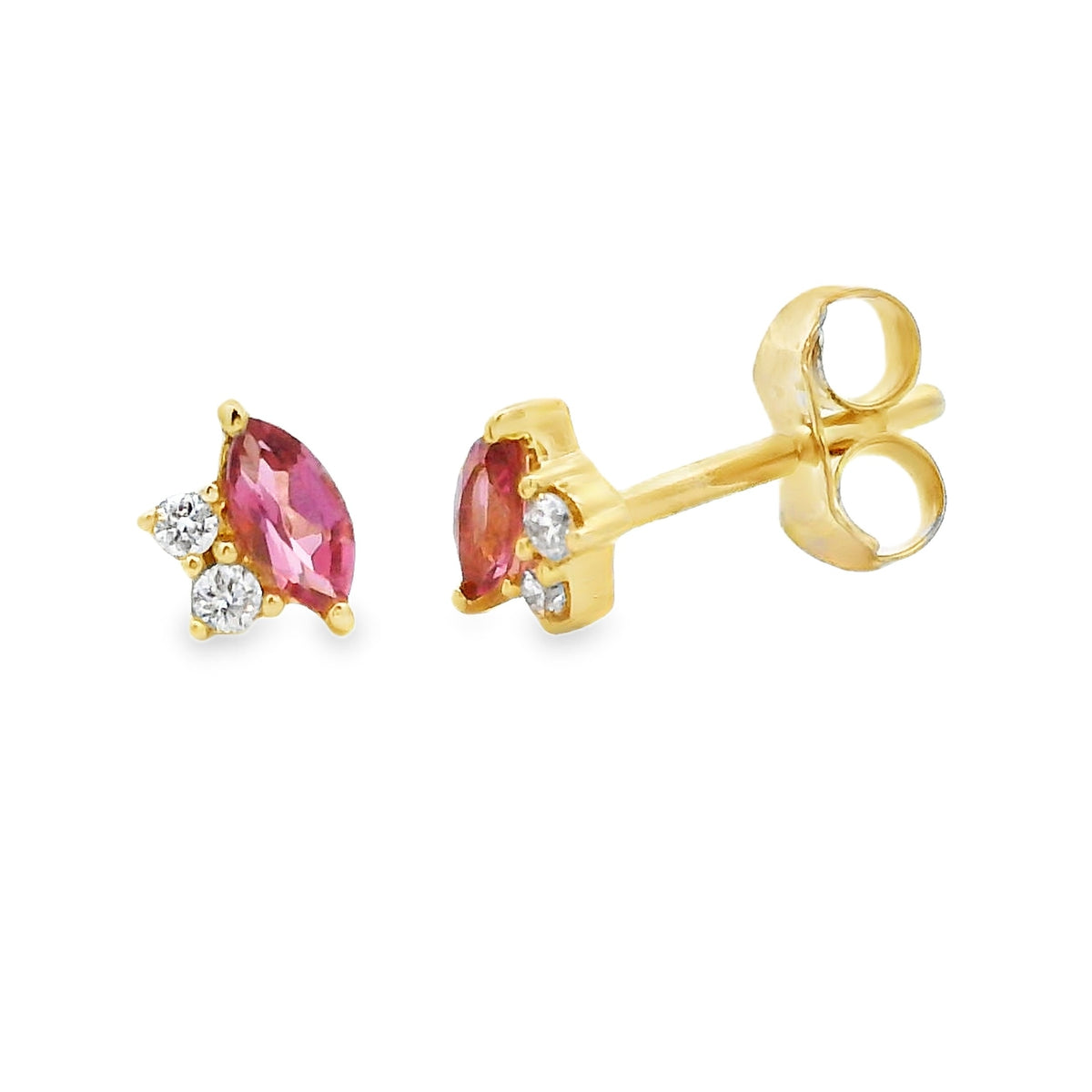 Pink tourmaline and lab grown diamond stud earrings in 10K yellow gold