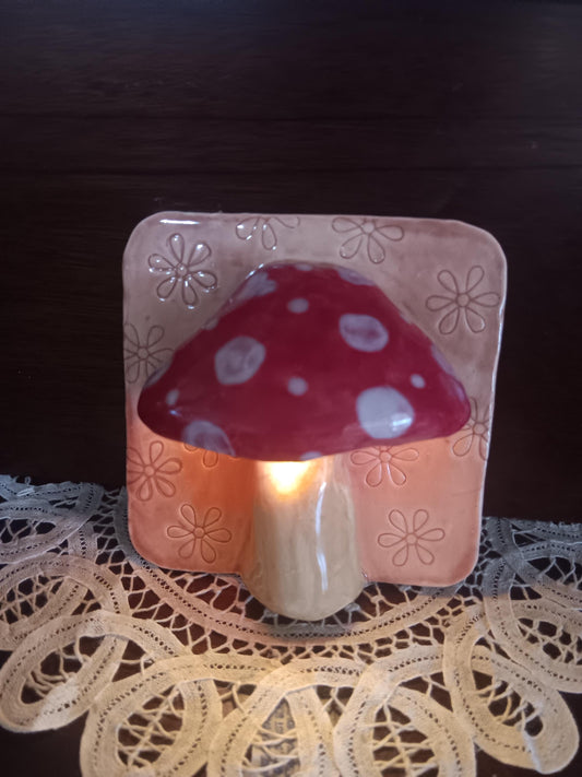 Handmade Ceramic Mushroom Lamp: Red Spotted Light, Flower Accent Wall Art