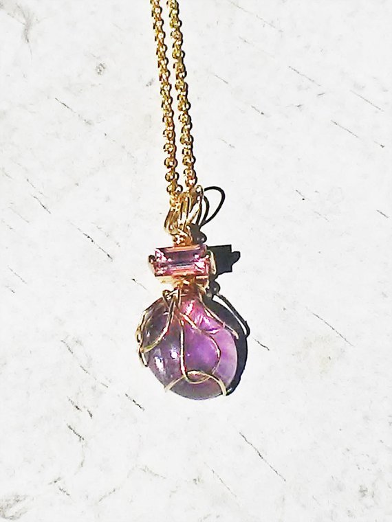 Amethyst Baguette Pink Sapphire Pendant 14kt - Gems by Gigi