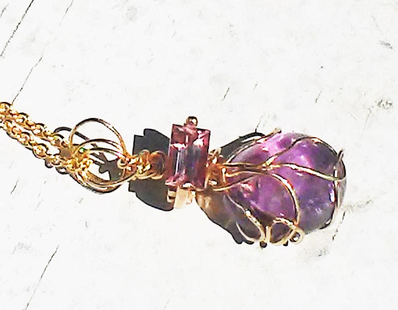 Amethyst Baguette Pink Sapphire Pendant 14kt - Gems by Gigi