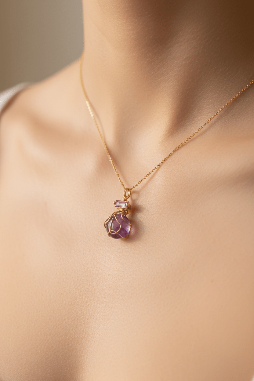 Amethyst Baguette Pink Sapphire Pendant 14kt - Gems by Gigi