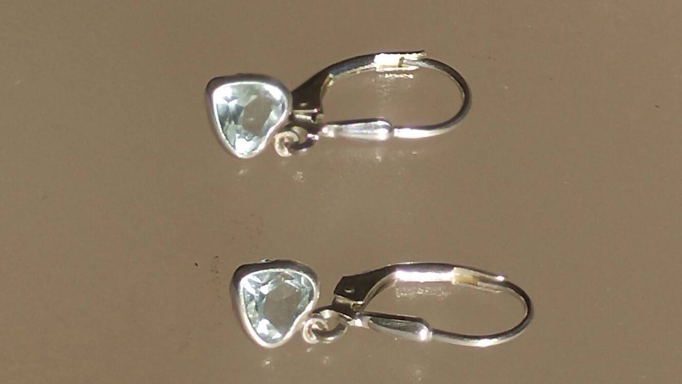 Aquamarine Dangle Heart Earrings Sterling Silver - Gems by Gigi