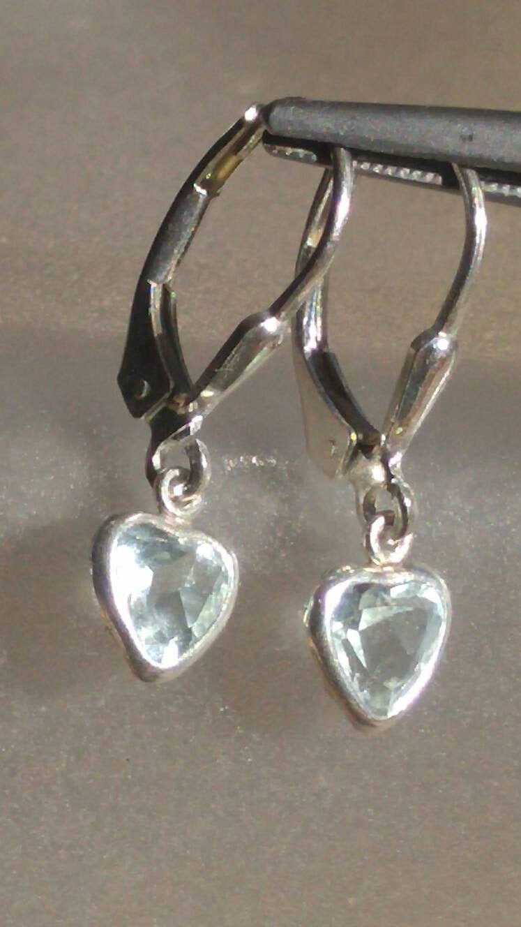 Aquamarine Dangle Heart Earrings Sterling Silver - Gems by Gigi