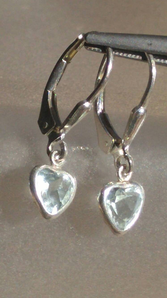 Aquamarine Dangle Heart Earrings Sterling Silver - Gems by Gigi