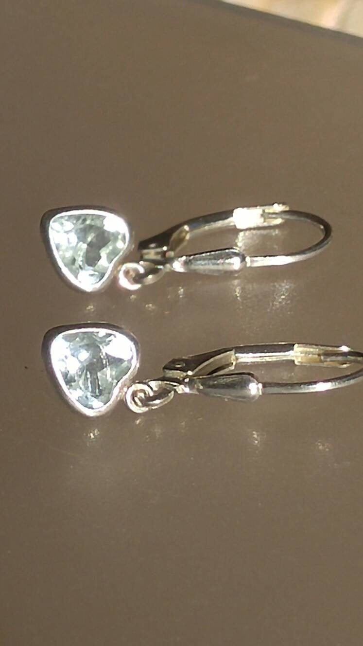 Aquamarine Dangle Heart Earrings Sterling Silver - Gems by Gigi