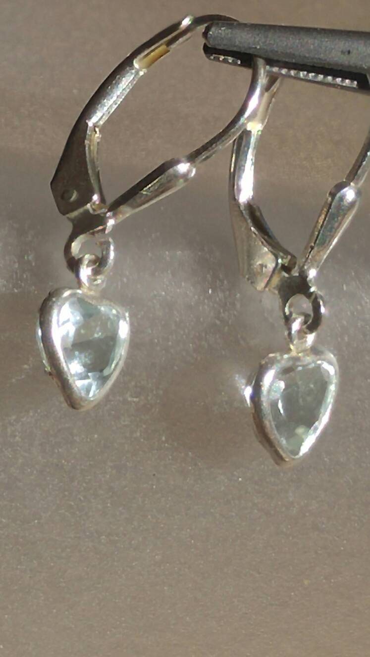 Aquamarine Dangle Heart Earrings Sterling Silver - Gems by Gigi