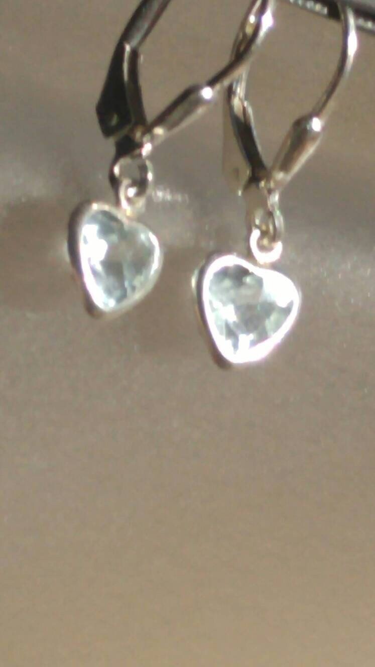 Aquamarine Dangle Heart Earrings Sterling Silver - Gems by Gigi