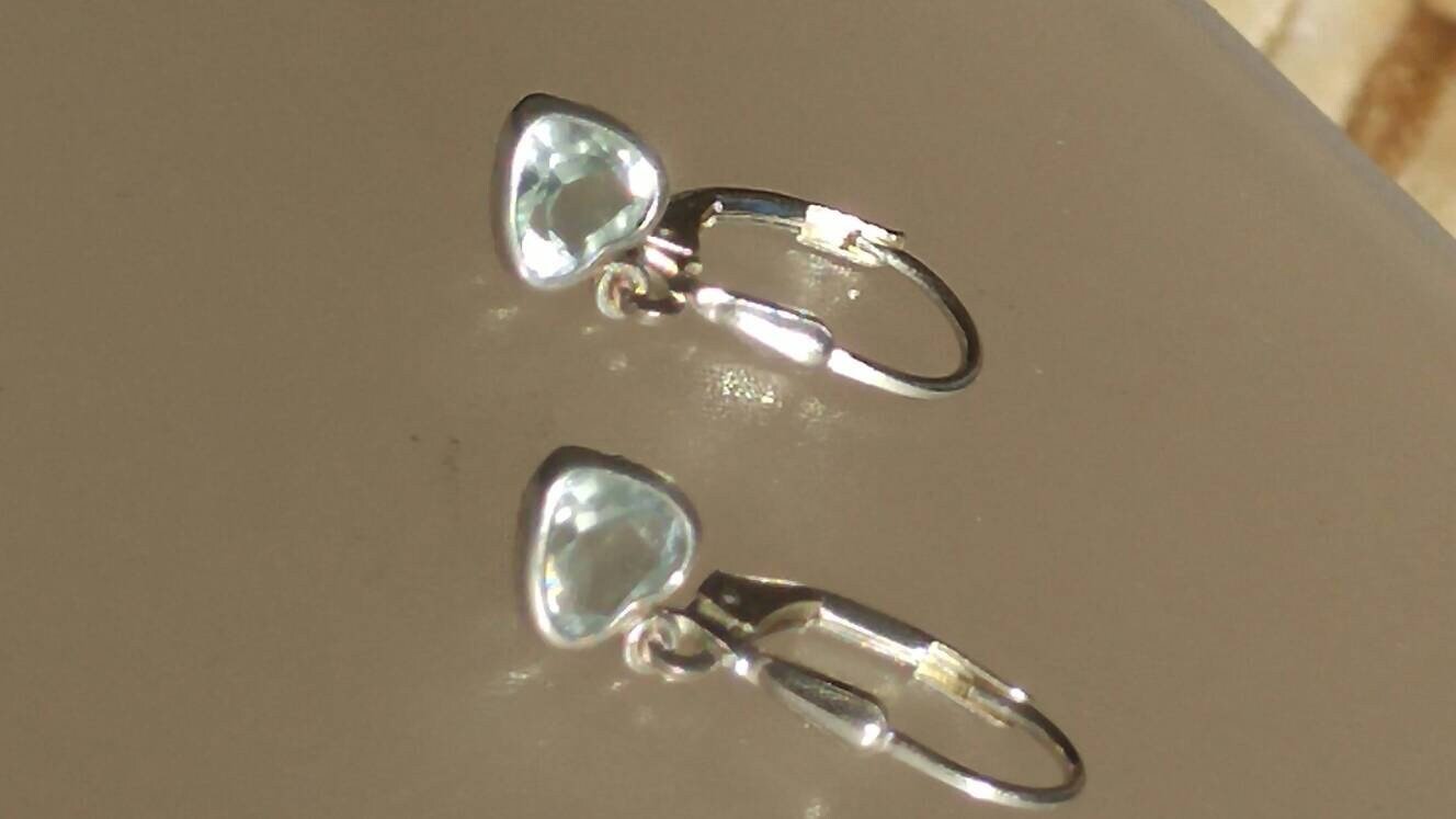 Aquamarine Dangle Heart Earrings Sterling Silver - Gems by Gigi