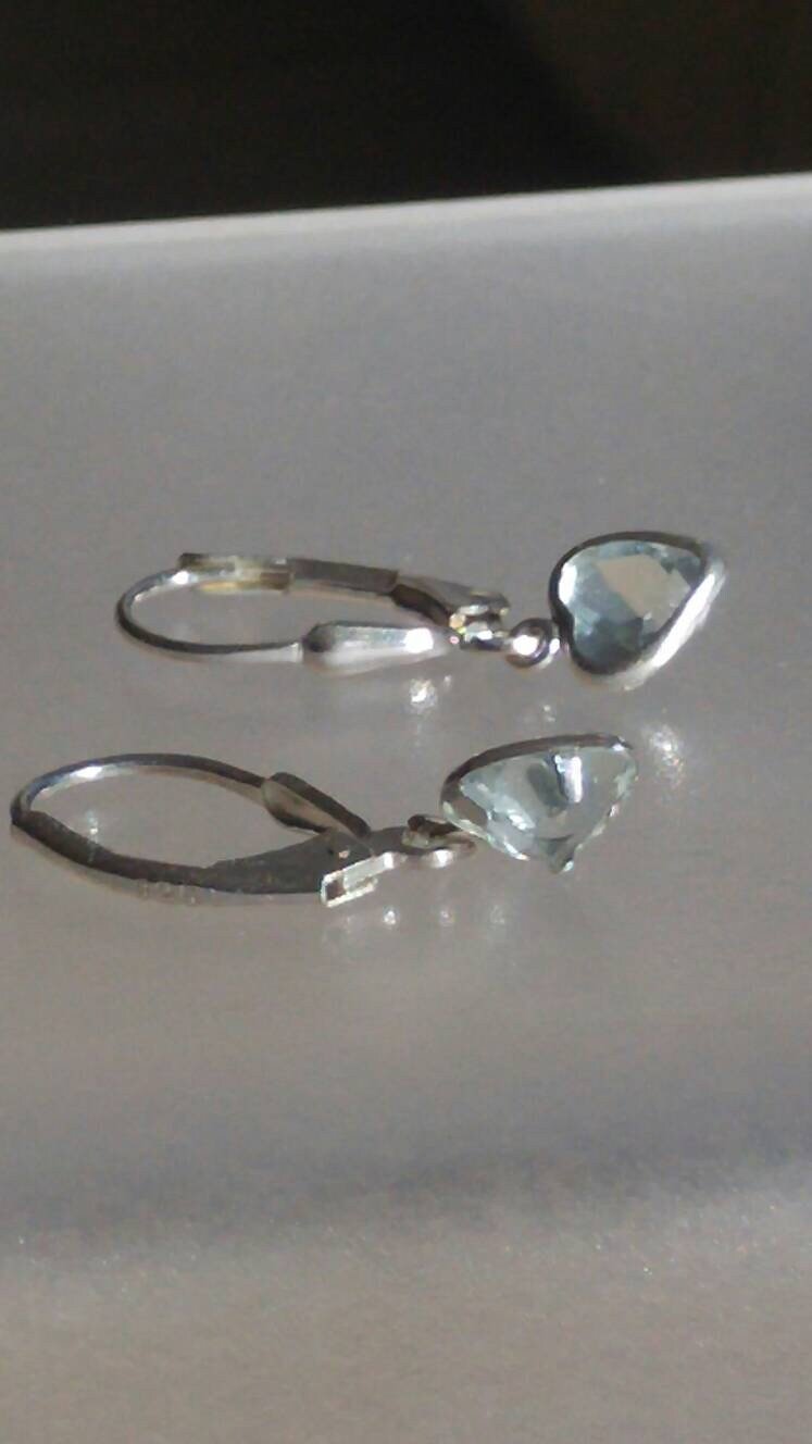 Aquamarine Dangle Heart Earrings Sterling Silver - Gems by Gigi