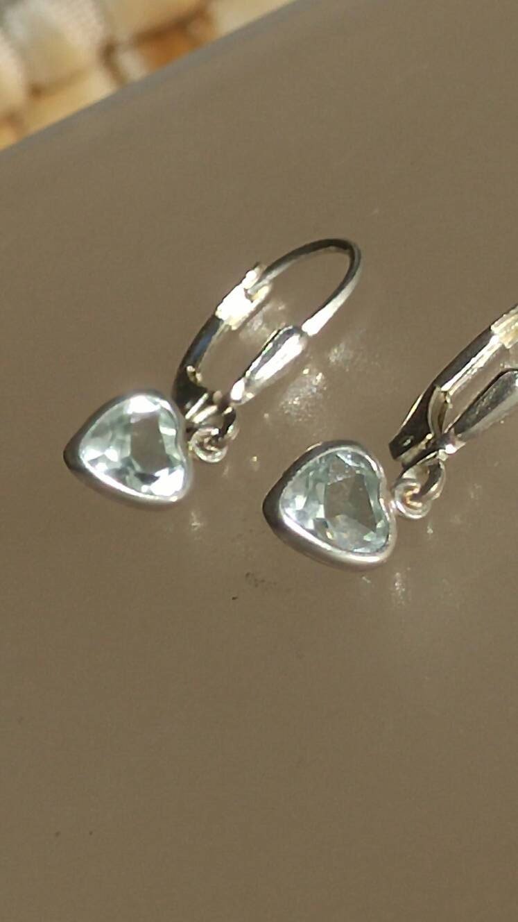Aquamarine Dangle Heart Earrings Sterling Silver - Gems by Gigi