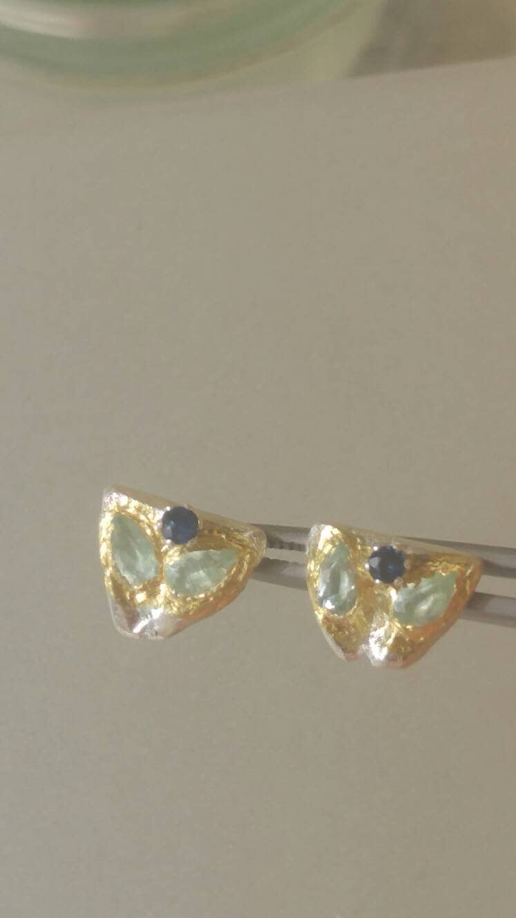 Aquamarine Earring Jackets with Sapphire Stud Earrings Fine Silver 22kt Yellow Gold - Gems by Gigi