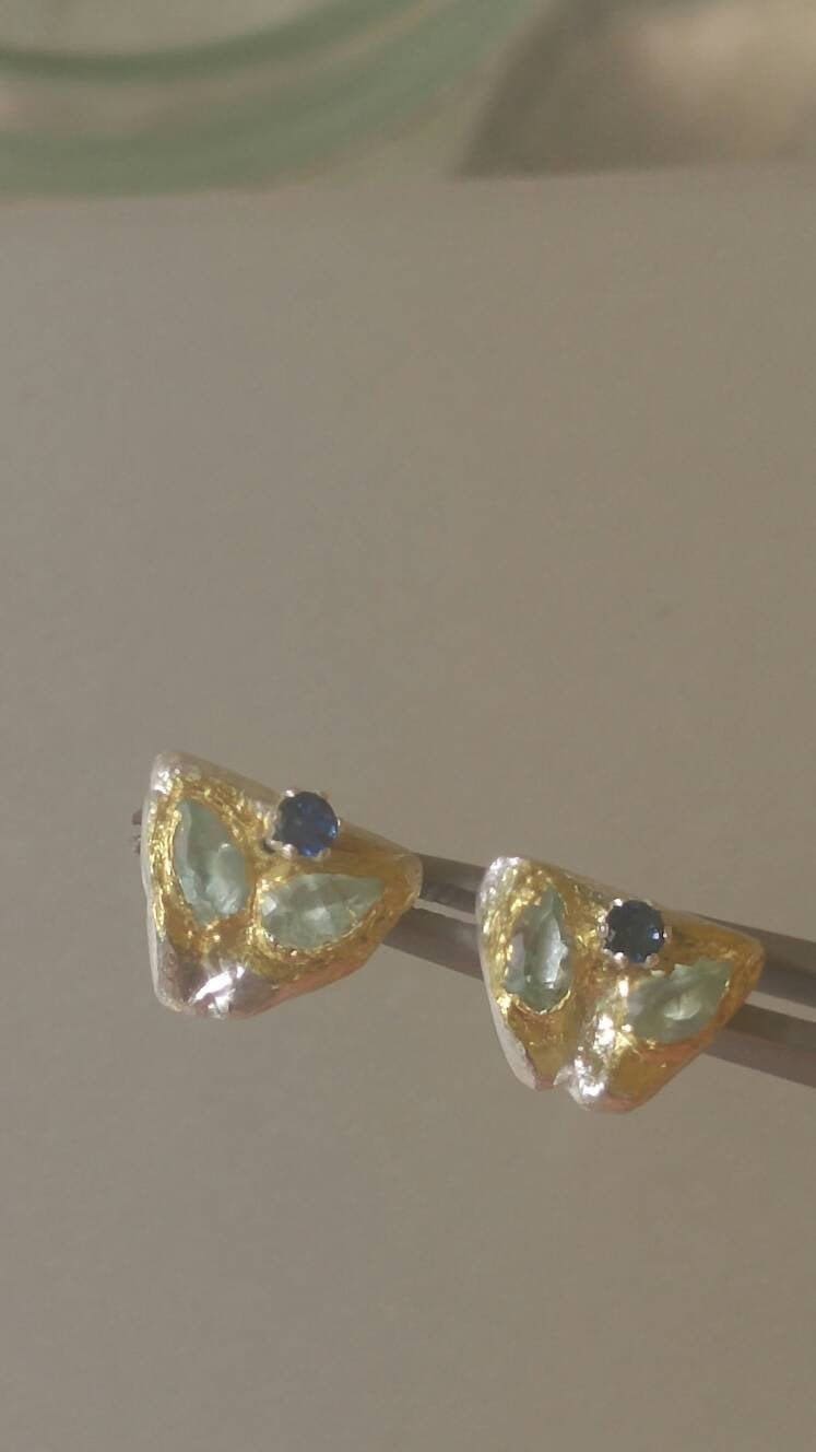 Aquamarine Earring Jackets with Sapphire Stud Earrings Fine Silver 22kt Yellow Gold - Gems by Gigi