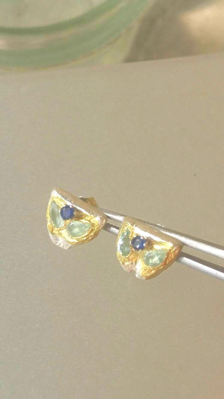 Aquamarine Earring Jackets with Sapphire Stud Earrings Fine Silver 22kt Yellow Gold - Gems by Gigi