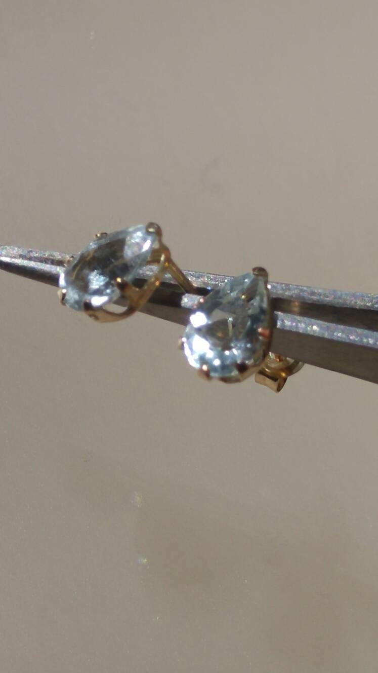Aquamarine Stud Earrings Pear Shaped 14kt Yellow Gold - Gems by Gigi