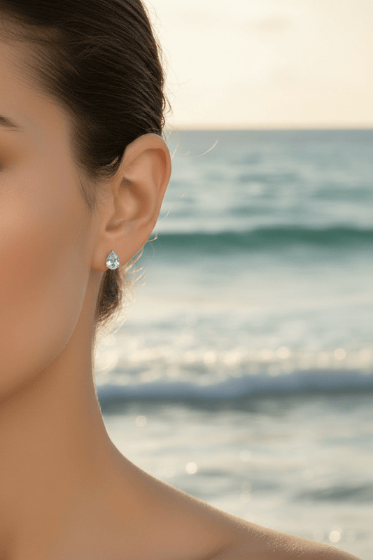 Aquamarine Stud Earrings Pear Shaped 14kt Yellow Gold - Gems by Gigi