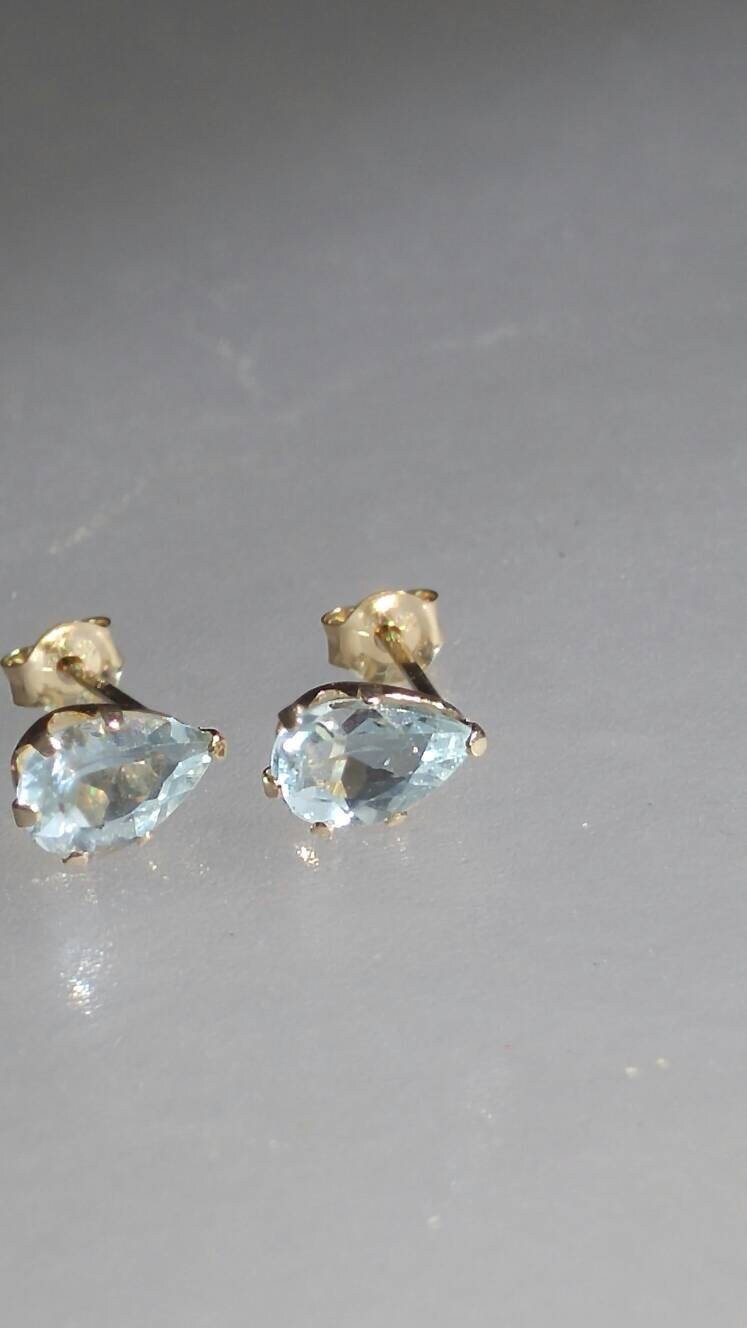 Aquamarine Stud Earrings Pear Shaped 14kt Yellow Gold - Gems by Gigi