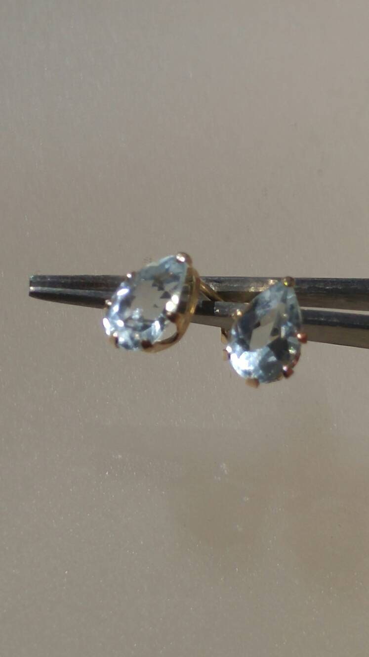 Aquamarine Stud Earrings Pear Shaped 14kt Yellow Gold - Gems by Gigi
