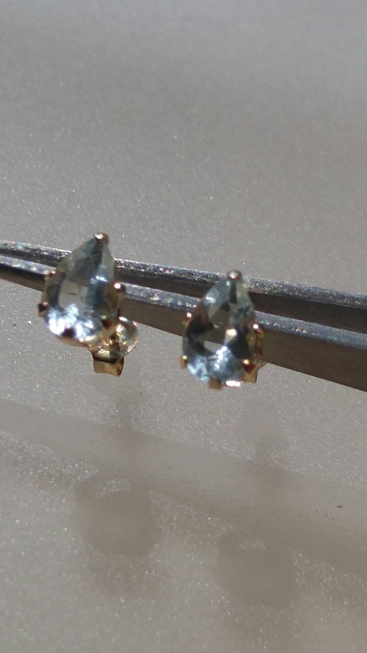Aquamarine Stud Earrings Pear Shaped 14kt Yellow Gold - Gems by Gigi
