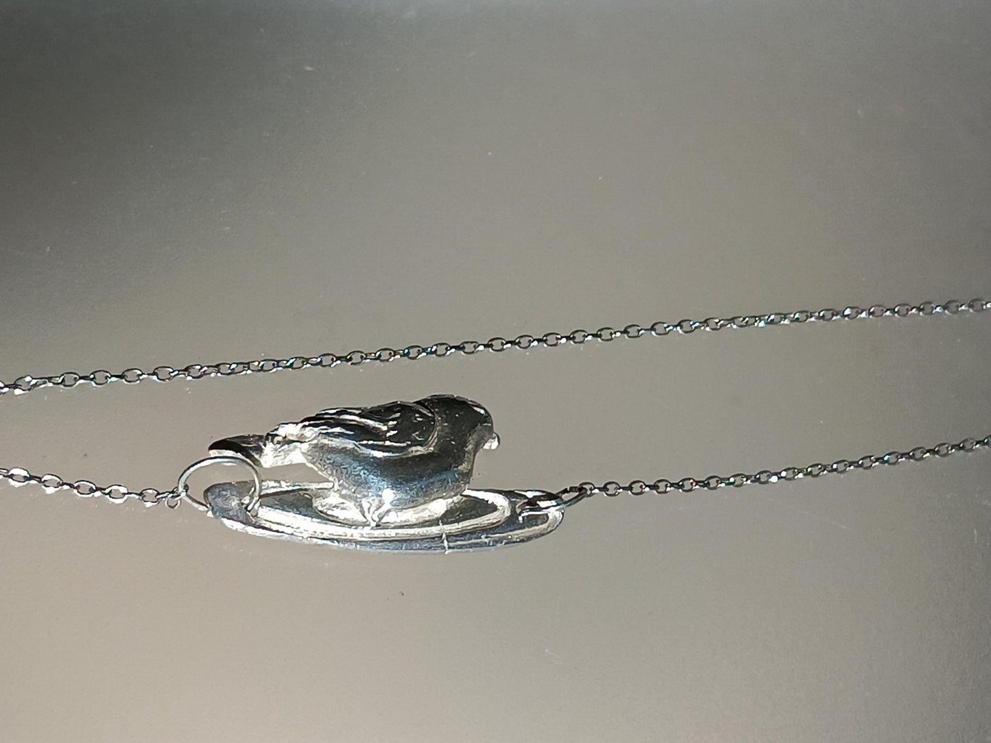 Asymmetrical Bird on a log Necklace Fine Silver Sterling Silver Chain 20 inches - Gems by Gigi