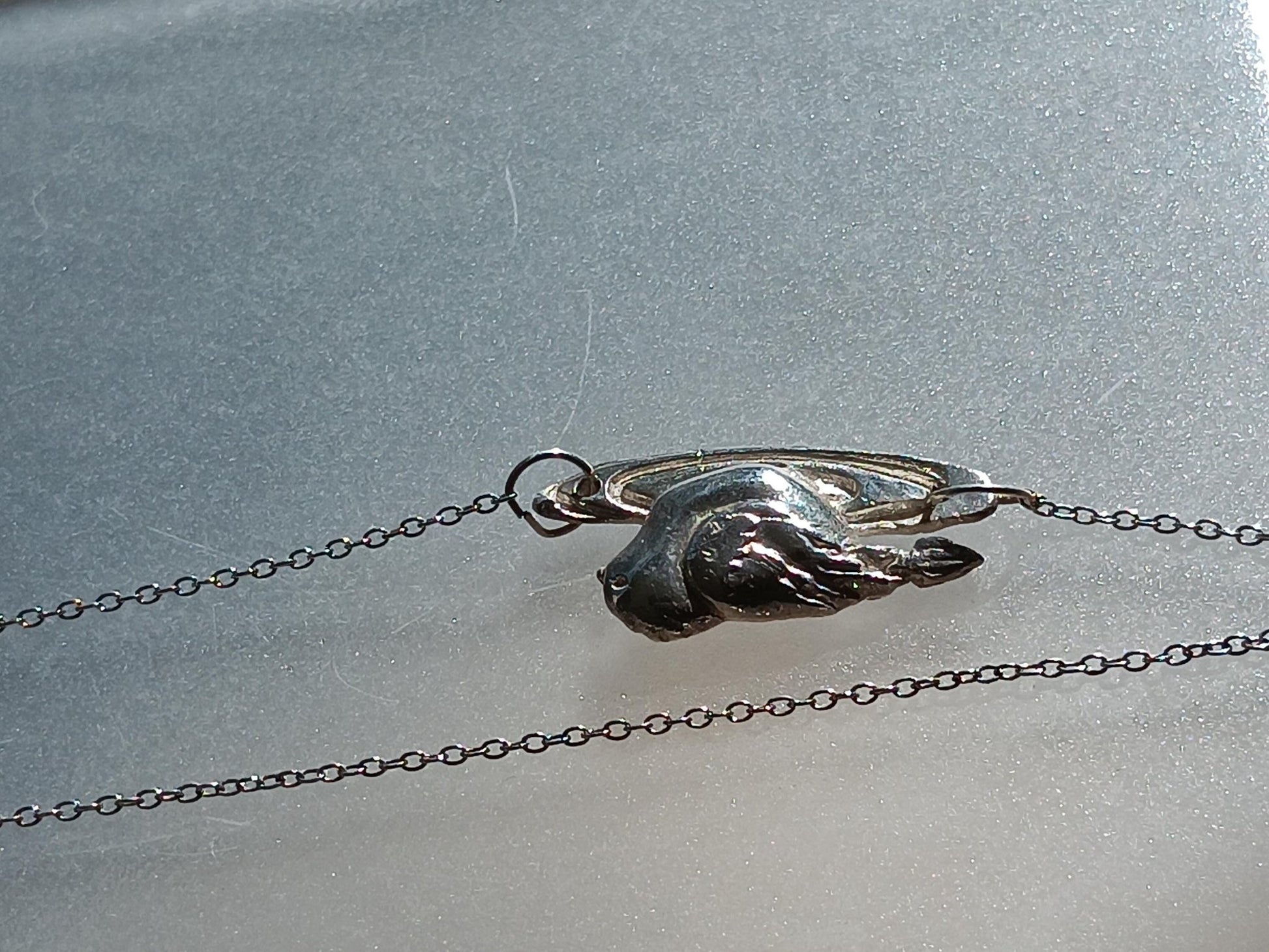 Asymmetrical Bird on a log Necklace Fine Silver Sterling Silver Chain 20 inches - Gems by Gigi
