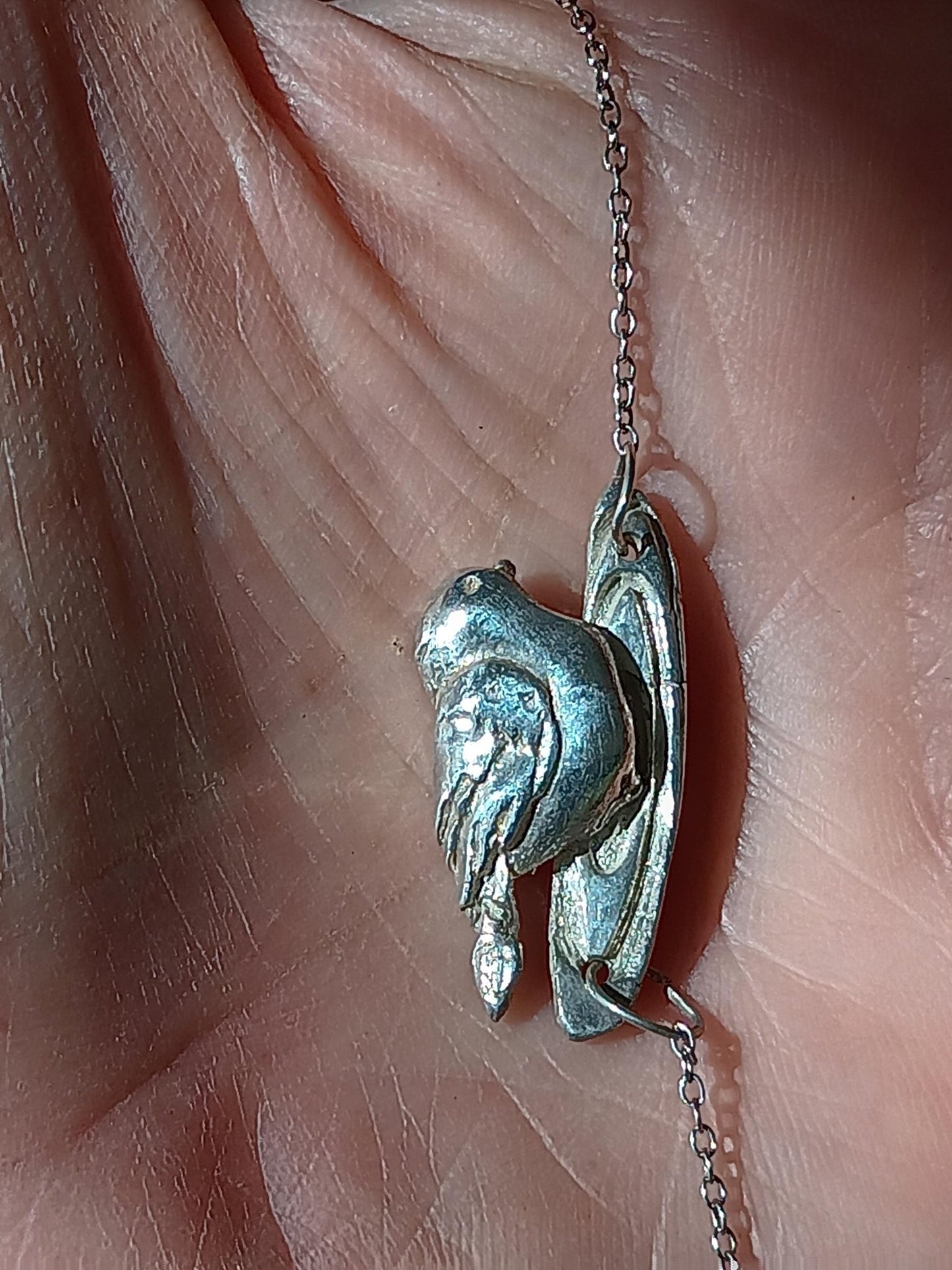 Asymmetrical Bird on a log Necklace Fine Silver Sterling Silver Chain 20 inches - Gems by Gigi