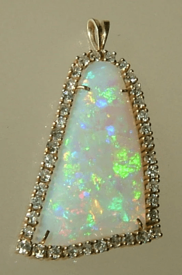Australian Opal Diamond Halo Pendant Bell Shaped Yellow Gold 14kt - Gems by Gigi
