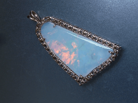 Australian Opal Diamond Halo Pendant Bell Shaped Yellow Gold 14kt - Gems by Gigi