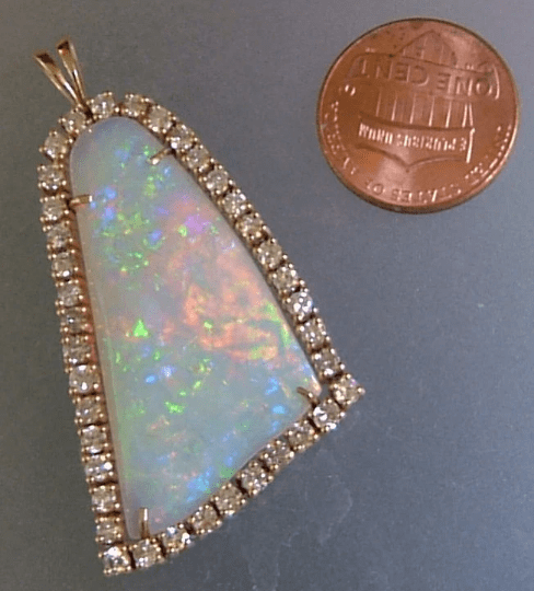 Australian Opal Diamond Halo Pendant Bell Shaped Yellow Gold 14kt - Gems by Gigi