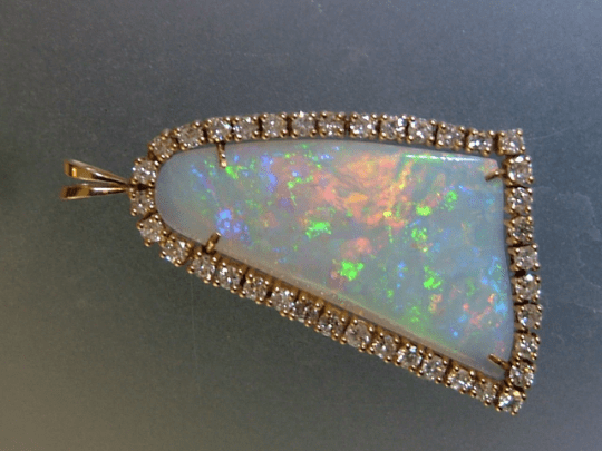 Australian Opal Diamond Halo Pendant Bell Shaped Yellow Gold 14kt - Gems by Gigi
