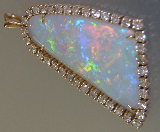 Australian Opal Diamond Halo Pendant Bell Shaped Yellow Gold 14kt - Gems by Gigi