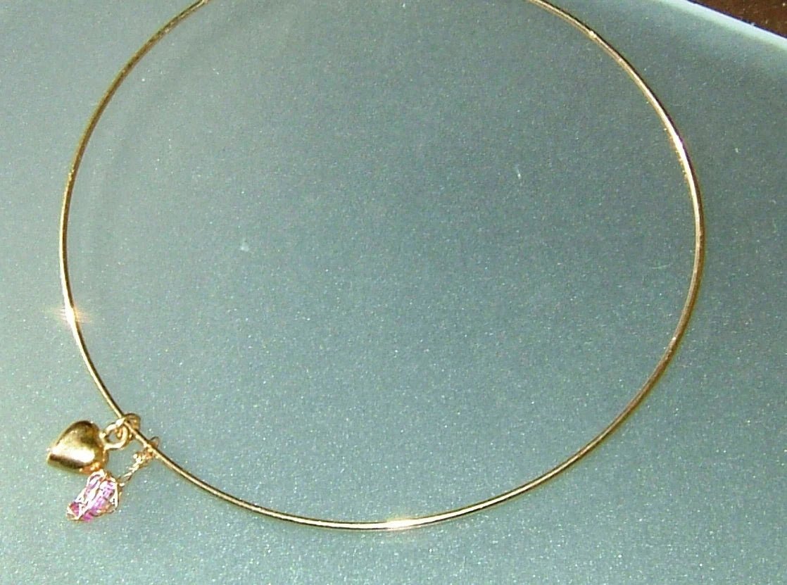 Bangle Bracelet Baguette Pink Sapphire Heart Dangle Charm 14kt Yellow Gold - Gems by Gigi