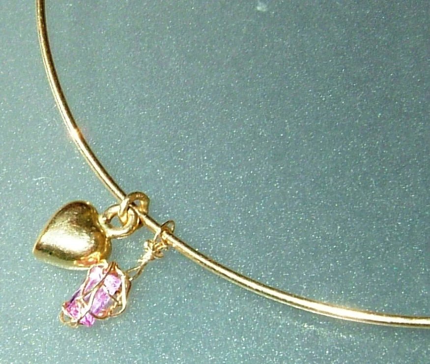 Bangle Bracelet Baguette Pink Sapphire Heart Dangle Charm 14kt Yellow Gold - Gems by Gigi