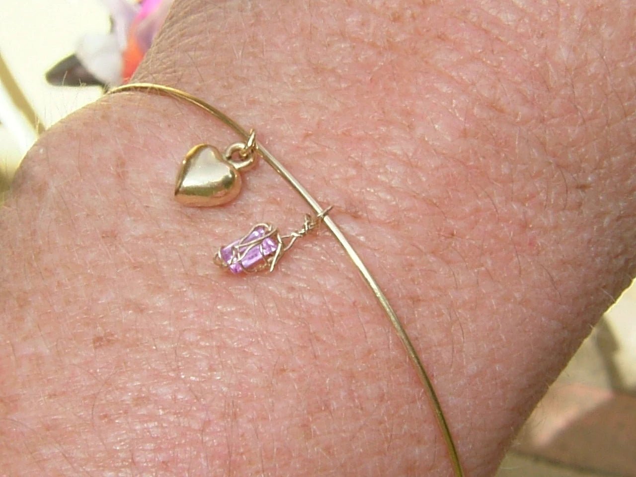 Bangle Bracelet Baguette Pink Sapphire Heart Dangle Charm 14kt Yellow Gold - Gems by Gigi