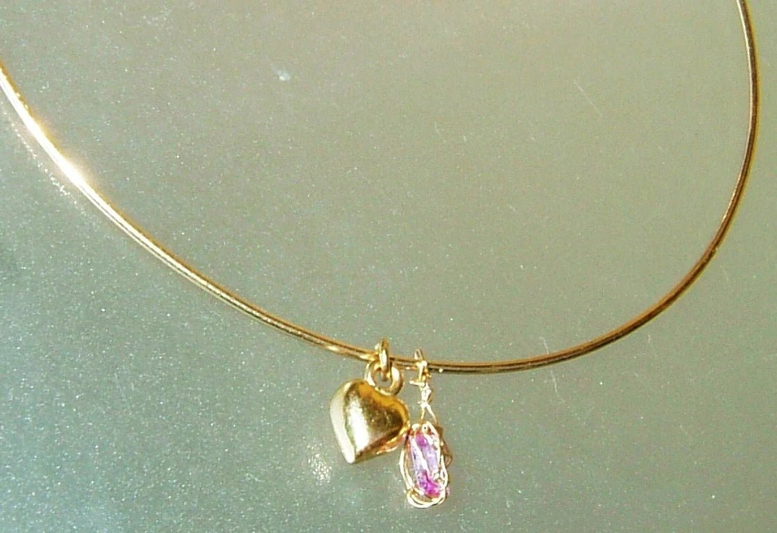 Bangle Bracelet Baguette Pink Sapphire Heart Dangle Charm 14kt Yellow Gold - Gems by Gigi