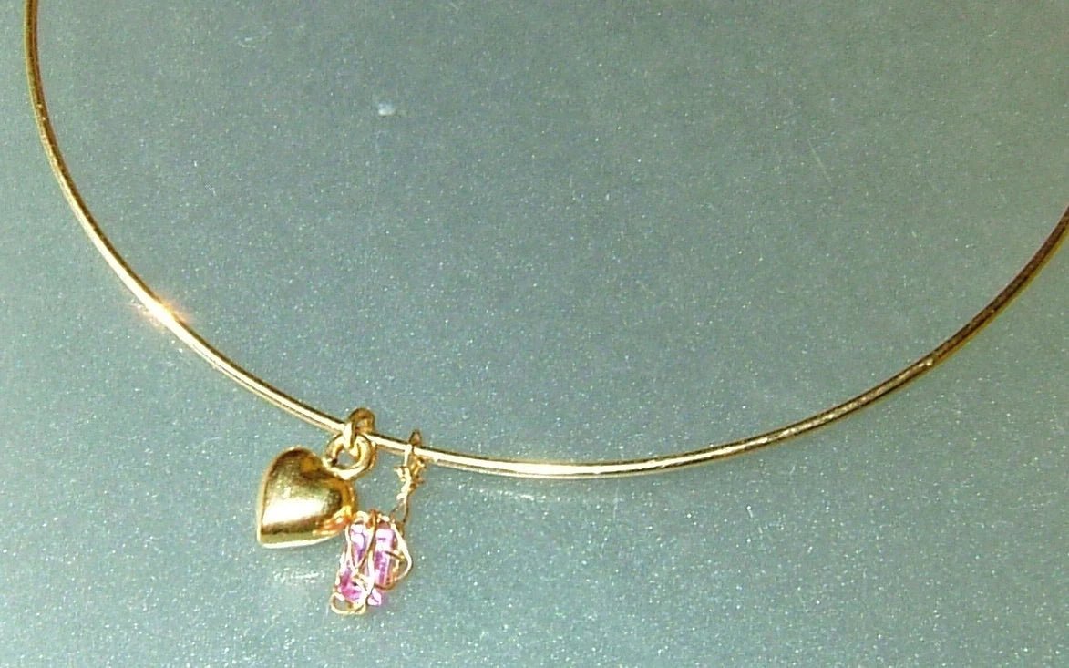 Bangle Bracelet Baguette Pink Sapphire Heart Dangle Charm 14kt Yellow Gold - Gems by Gigi