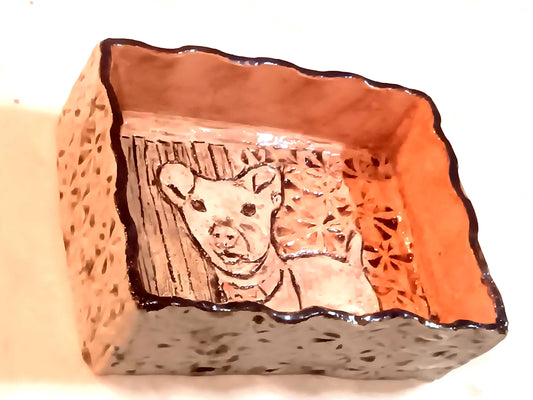 Dog Ceramic Decorative Box Tray Brown Peach Color