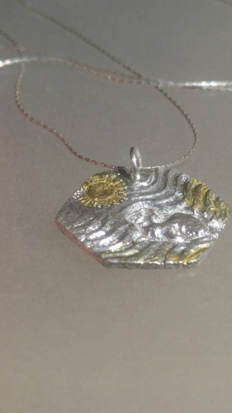 Beach Wave Sun Seal Pendant Hexagon Sterling Silver 22kt - Gems by Gigi