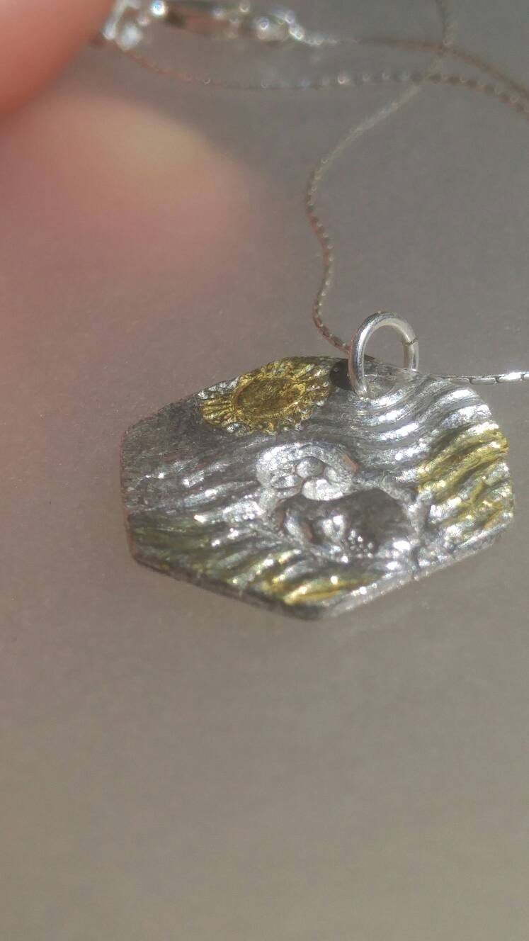 Beach Wave Sun Seal Pendant Hexagon Sterling Silver 22kt - Gems by Gigi