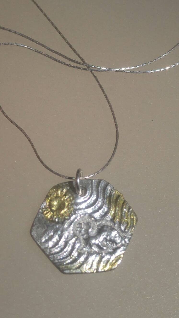 Beach Wave Sun Seal Pendant Hexagon Sterling Silver 22kt - Gems by Gigi