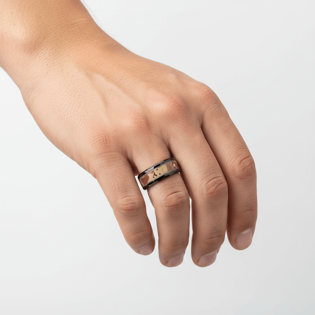 Beveled Black Ceramic Wedding Band Ring with Real Military Style Desert Camo - Gems by Gigi