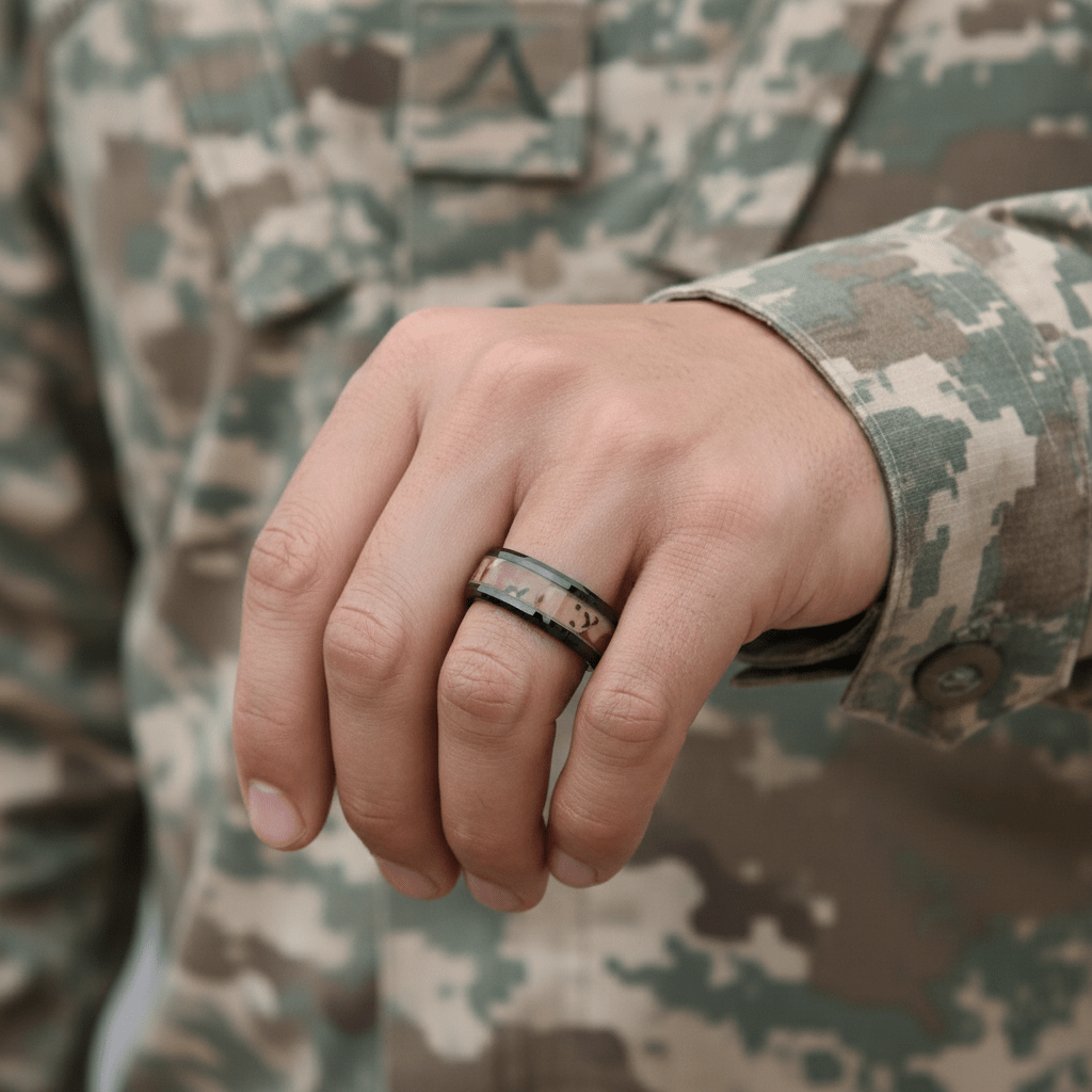 Beveled Black Ceramic Wedding Band Ring with Real Military Style Desert Camo - Gems by Gigi