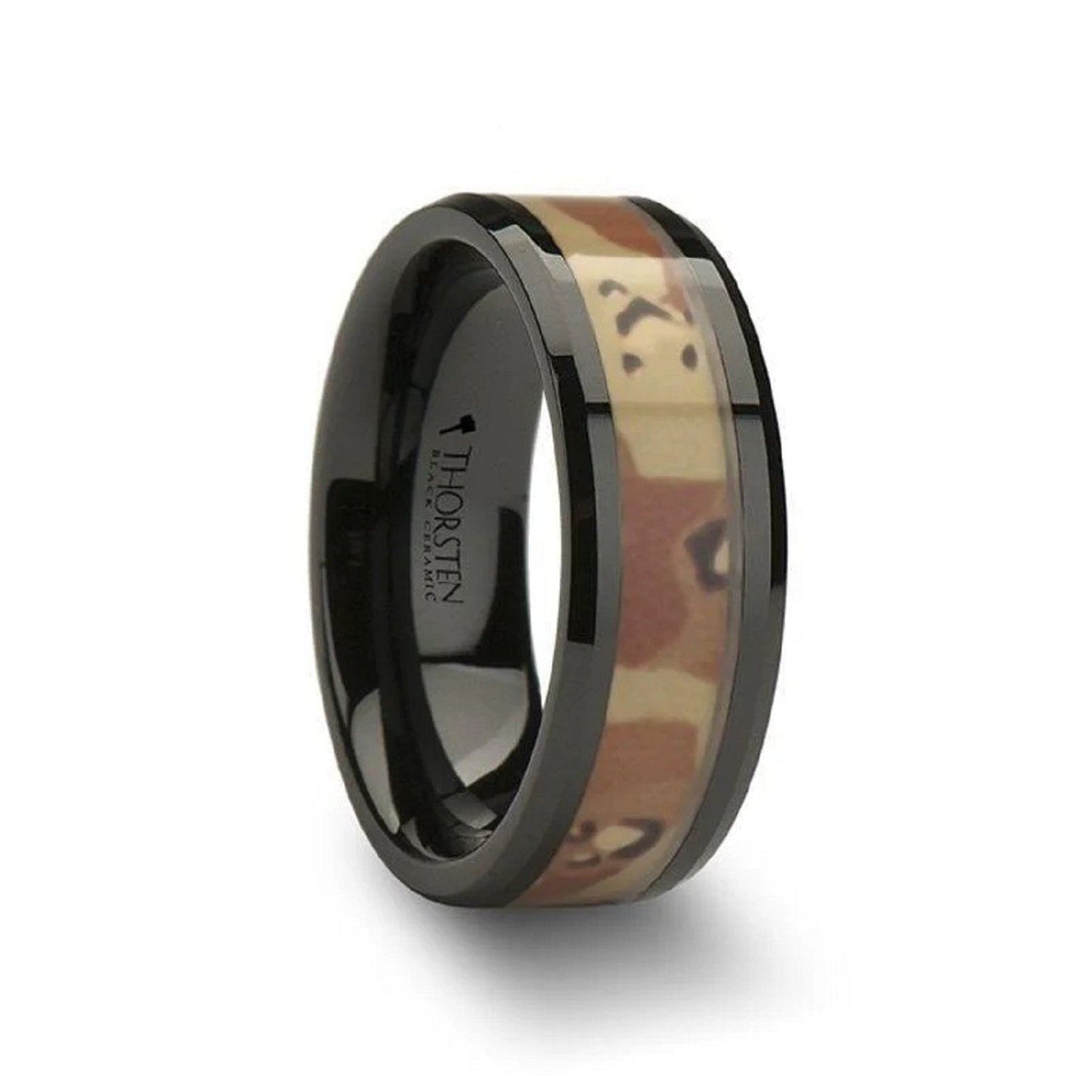 Beveled Black Ceramic Wedding Band Ring with Real Military Style Desert Camo - Gems by Gigi