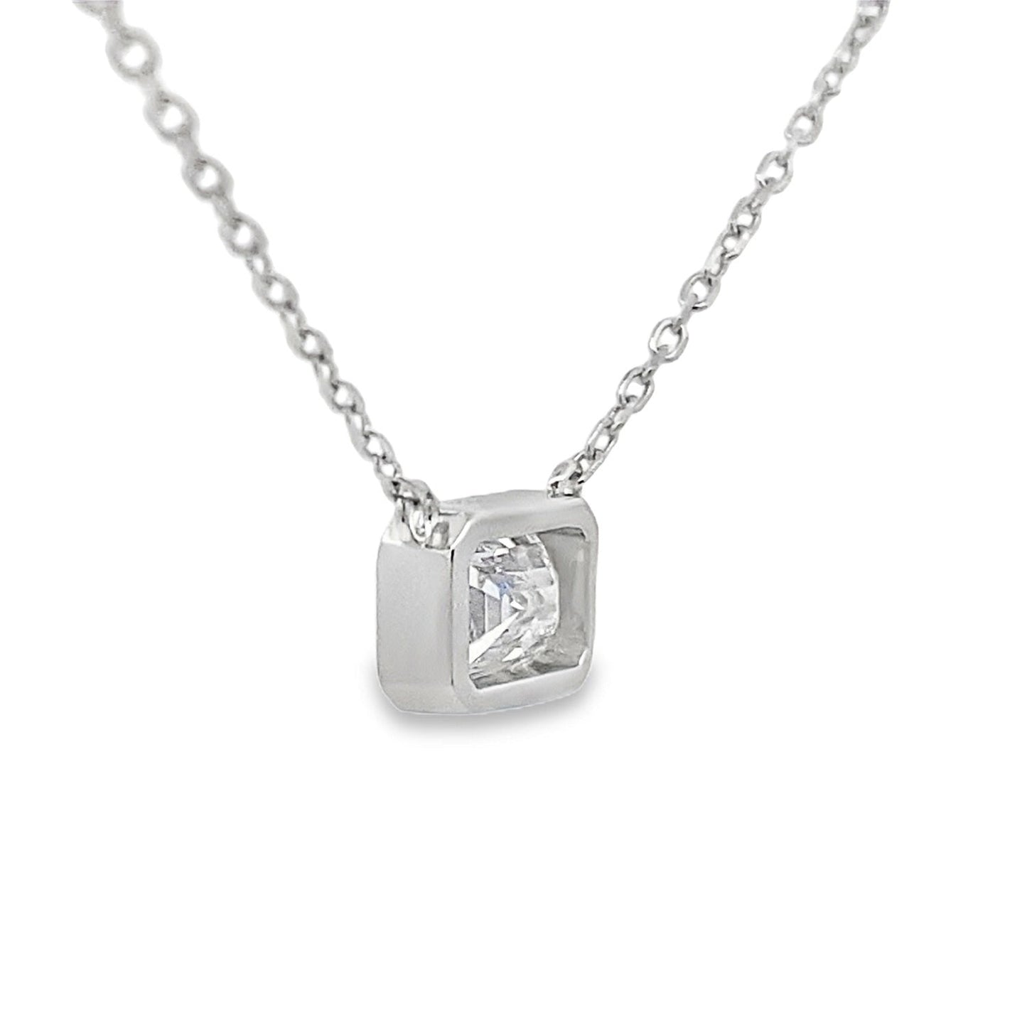 Bezel 1ct Emerald Cut Lab Grown Diamond Solitaire Necklace Sterling Silver - Gems by Gigi