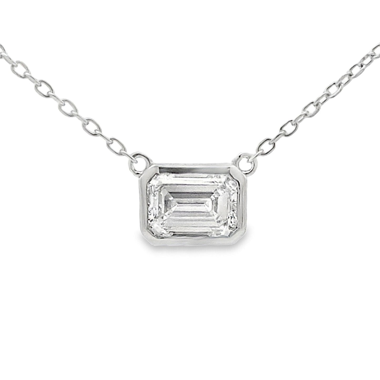 Bezel 1ct Emerald Cut Lab Grown Diamond Solitaire Necklace Sterling Silver - Gems by Gigi