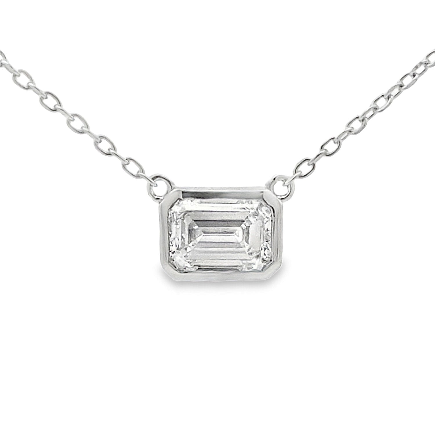 Bezel 1ct Emerald Cut Lab Grown Diamond Solitaire Necklace Sterling Silver - Gems by Gigi